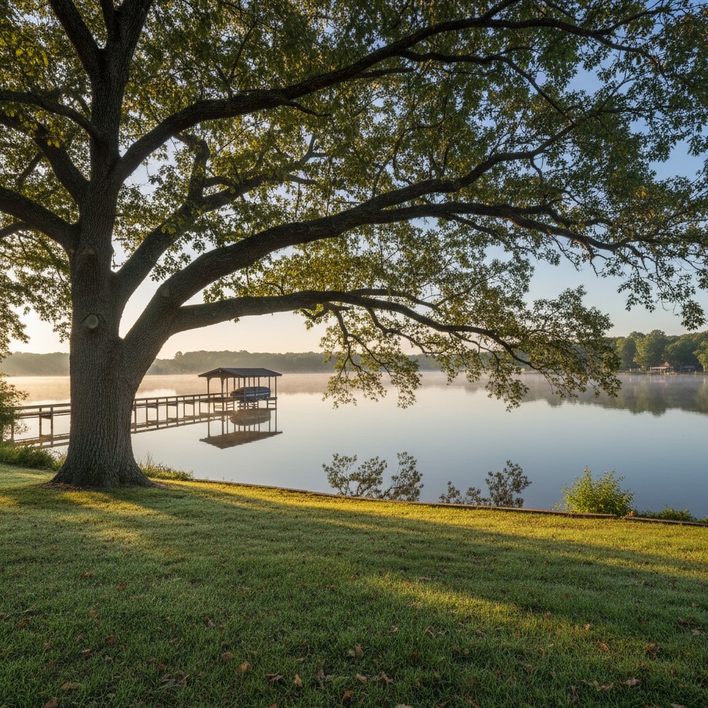 Mature oak leaning over Lake Norman from a Mooresville lakefront yard